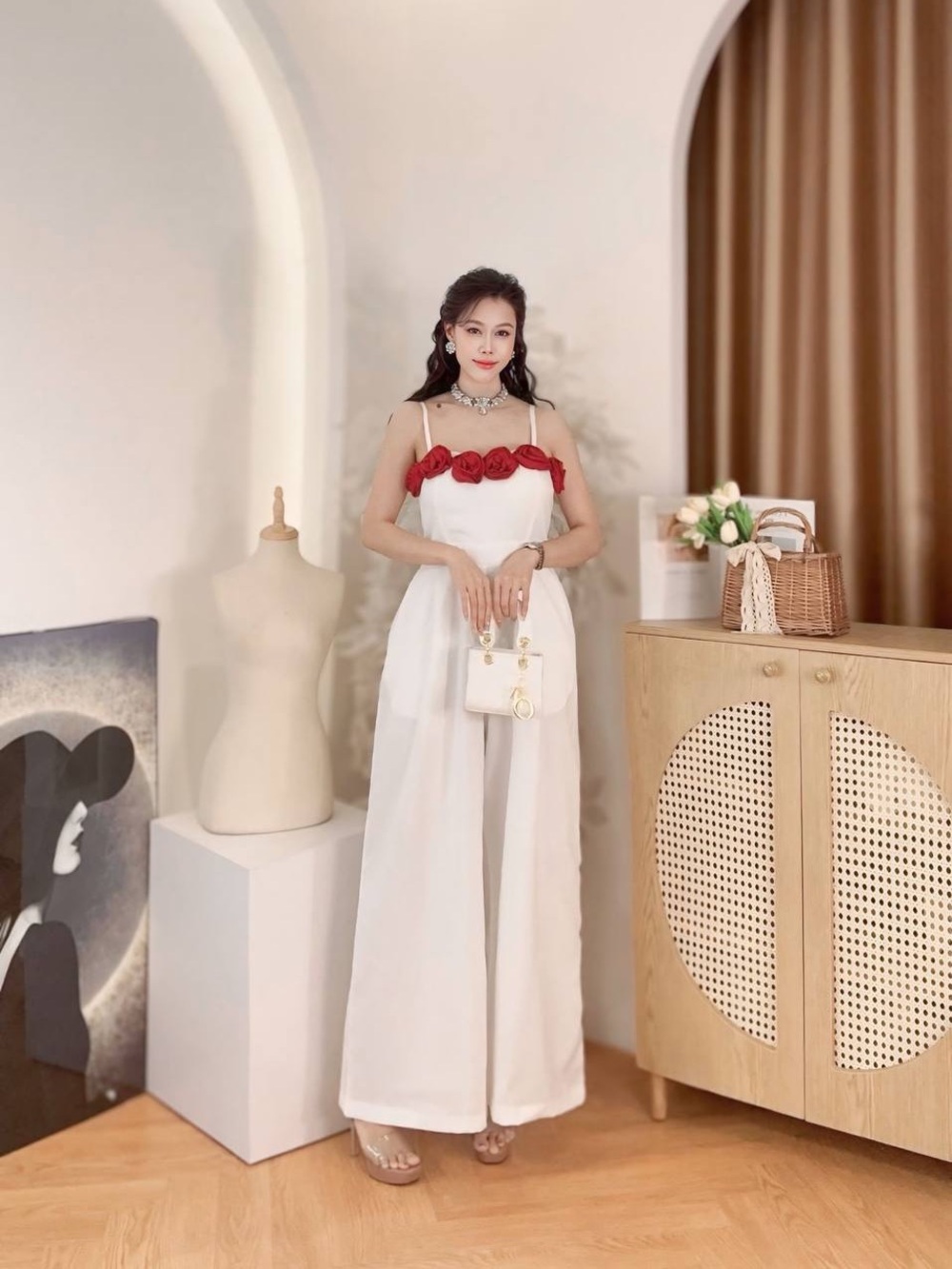 White Strapless Jumpsuit with Red Rose Accent